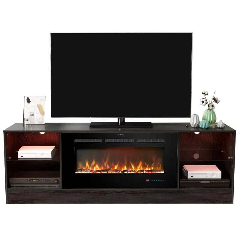

72" TV Stand with 36" Electric Fireplace LED Light Wood Storage Cabinet Table Media Console for TV Stand with Fireplace