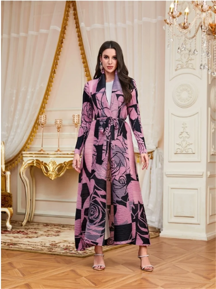 Miyake Pleated Turndown Collar Long Sleeve Designer Printed Coats Women Autumn Winter Abaya Fashion Original Design Loose Dress