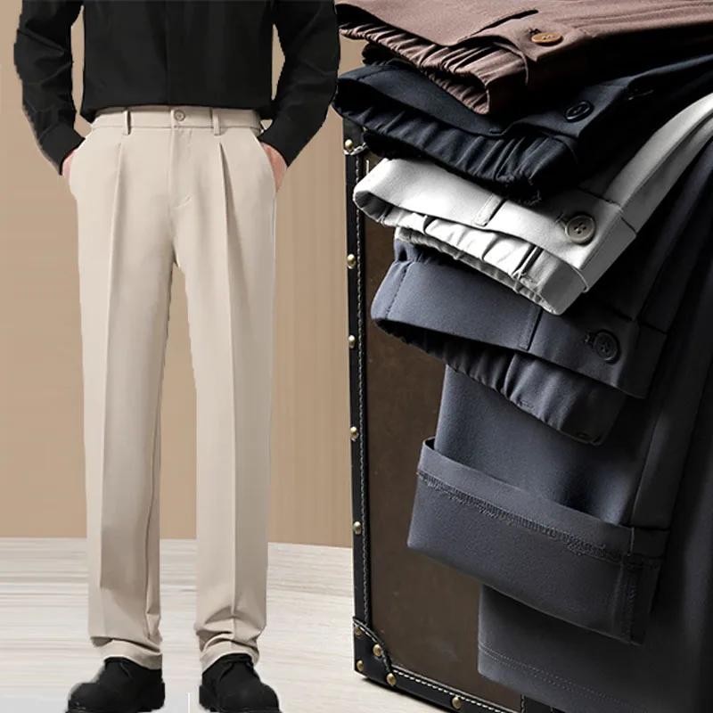 

Мужские свободные прямые костюмные брюки, однотонные драпированные эластичные деловые брюки для офисных работников, корейские брюки, повседневная одежда для мероприятий