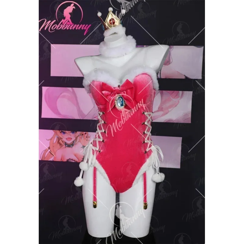 Mobbunny Women Christmas Peach Derivative Sexy Lingerie Cosplay Costume Bodysuit Plush  Romper with Cloak Gloves and Thigh Socks