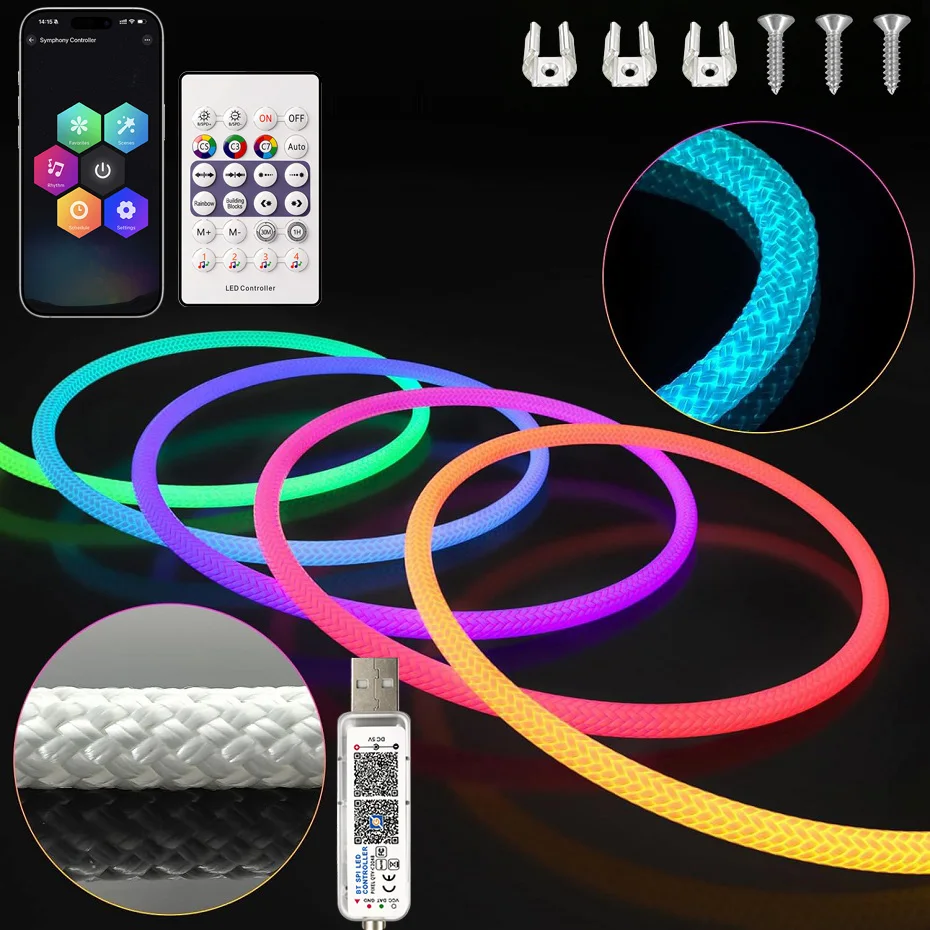

USB 5V Round Reticulate Pattern RGB-IC LED Neon Strip Light Bluetooth Control Smart Dimmable RGB Tape Neon Lamp IP67 Wateproof