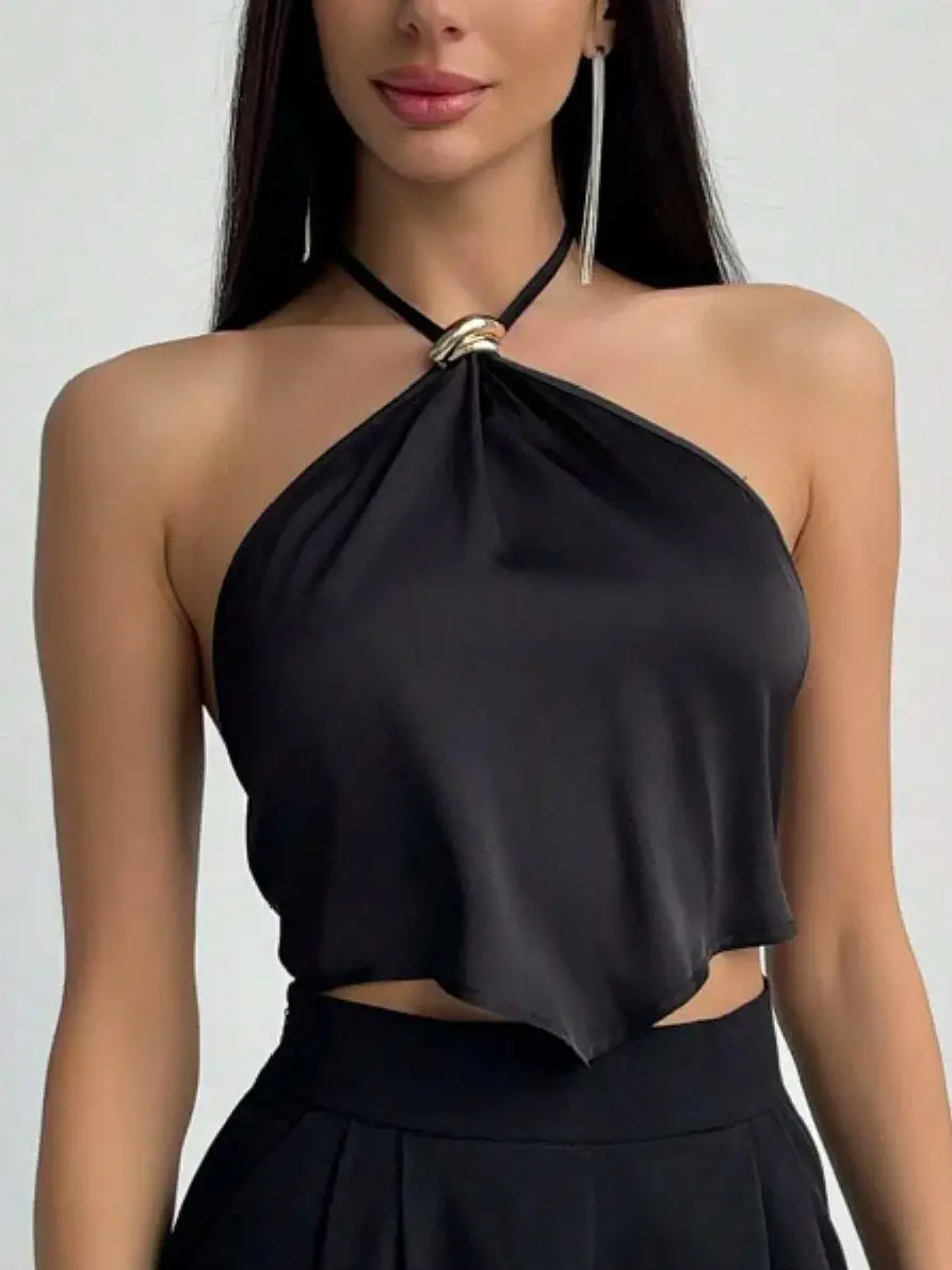 Women's Black Satin Halter Top Backless Tie-Up Crop Top with Metal Ring Accent women's summer tank top