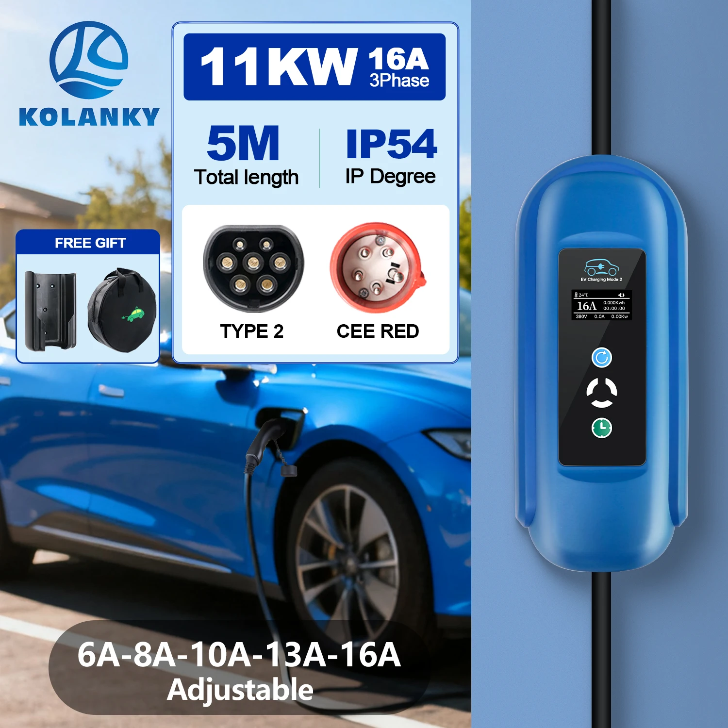 

Портативное зарядное устройство для электромобилей Kolanky, 11 кВт, 16 А, 3P, зарядное устройство для электромобилей с вилкой CEE RED, вилка для электромобилей типа 2, для домашнего использования EVSE