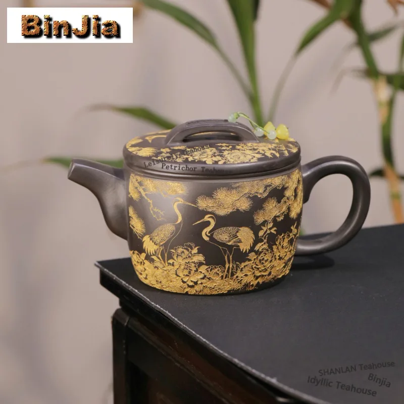 

Чайник ручной работы из исинской фиолетовой глины, 650 мл, в стиле ретро, с рисунком лебедя на сосне, из необработанного камня, желтого глиняного материала, для заваривания чая, чайный набор из циши, подарки