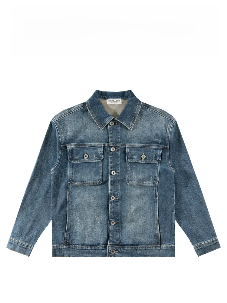 

Высококачественная ретро-джинсовая куртка для мужчин: простая, повседневная, классическая верхняя одежда, приталенный крой, смесь хлопка и полиэстера, дышащая, весенняя.