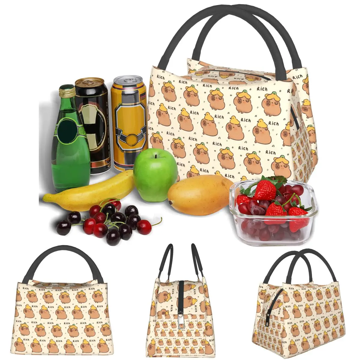 Cute Capybara Animal Lightweight Handheld Insulated Lunch Bag Large Capacity for Adults Students Travel Picnic