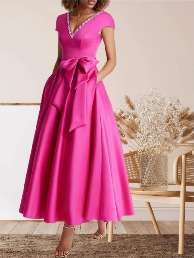 

Women's V-Neck Lace Appliques Mother of The Bride Dress Beaded Chiffon Evening Gown with Sleeves