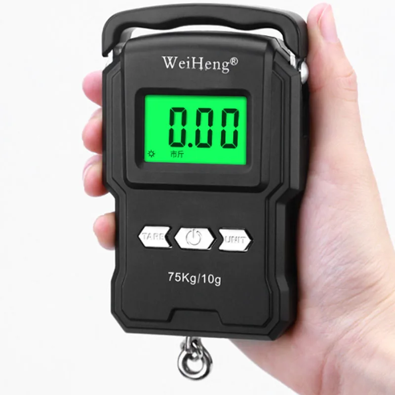 75kg/10g Portable LCD Electronic Hand Scale Handheld Electronic Scale Fishing Hook Scale with Retractable Measuring Tape