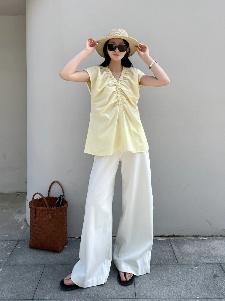 

Ele V-ne Slimming Cotton-feel Folded Svel Top French Sle Loose Fit Polyester Cotton Blend Daily Wear