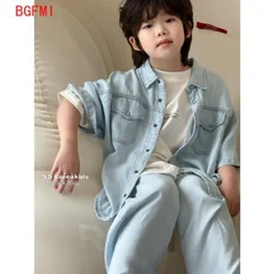 Teens Handsome Boy Short Sleeved Thin Denim Shirt and Pants 2pcs Set 2024 New Children's Summer Suit for Boys and Girls Outfits