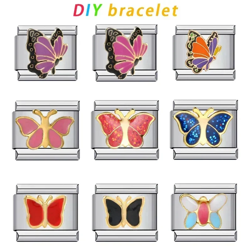 Colorful Butterfly Italian Module Bracelet Titanium Steel Welded Pattern Drop Oil DIY Bracelet Italian Charm