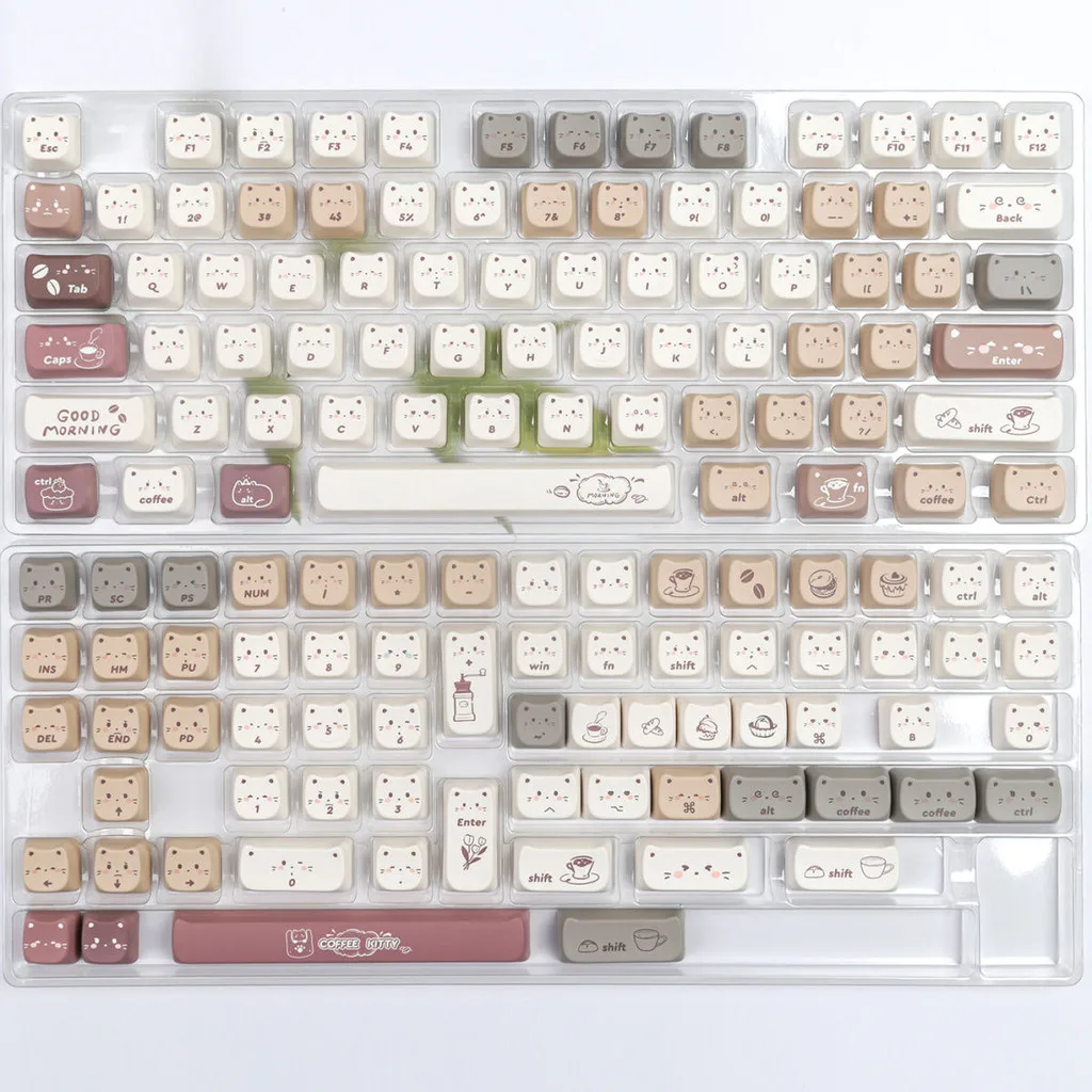 Coffee Cat Keycaps MAO Profile PBT Material DYE-SUB Cute Creative Cat Ear Keycaps 6.25u for Mechanical Keyboard