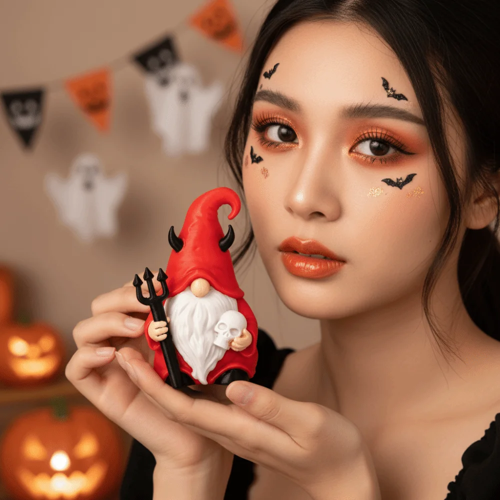 Red Robe Red Gnome Holding Trident Black Horns Halloween Figurine Vibrant Colors PLA Skull Miniature