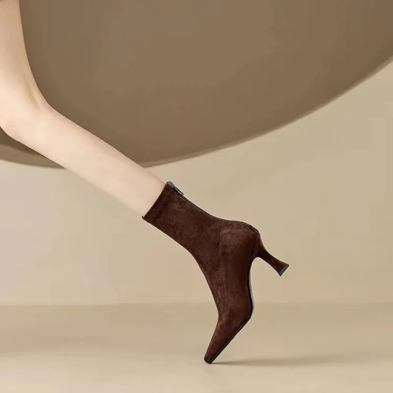 Stylish Back Zip Suede Slim Follower Boots Autumn New Pointed Toe Non-Slip Wear-Resistant Short-Thigh