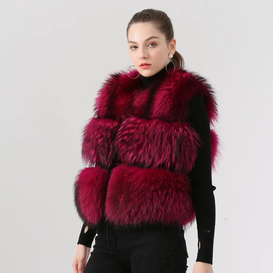 2023 New Arrival Hot Sale Women Real Raccoon Fur Coat Vest Gilet Short Vest Thick Fluffy Fur Coat