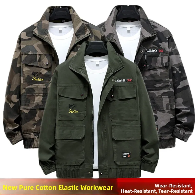 Thickened Pure Cotton Workwear Jacket Men's Long Sleeve Camouflage Work Uniform Anti-wear Heat-resistant Labor Protection Suit