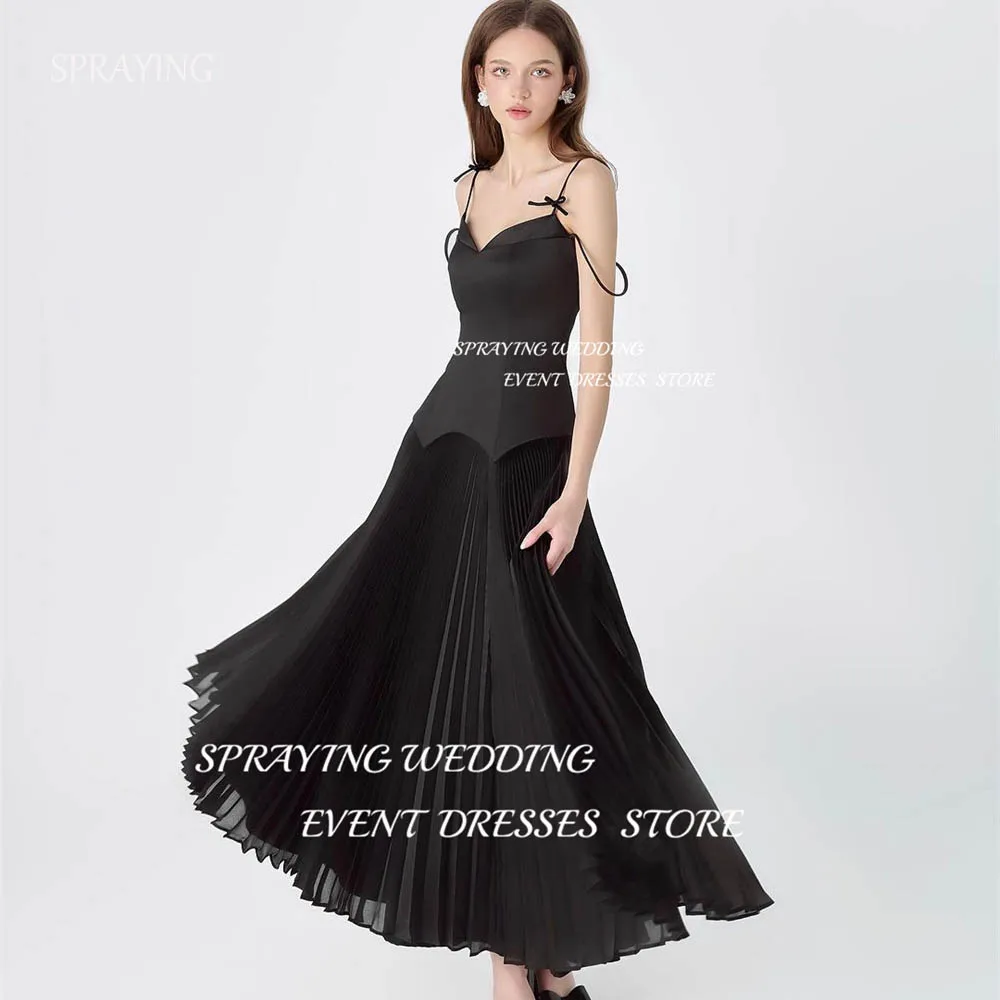 

SPRAYING Simple Black Satin A-Line Prom Dress Sweetheart Spaghetti Strap Evening Dress 2024 Long Crease Formal Party Dresses