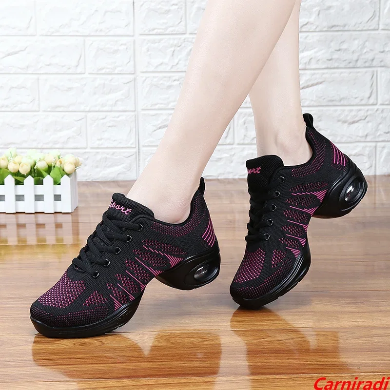 Zapatos de baile con amortiguación de fondo grueso para mujer, zapatillas deportivas suaves, informales de Jazz, cestas de entrenamiento, trotar,