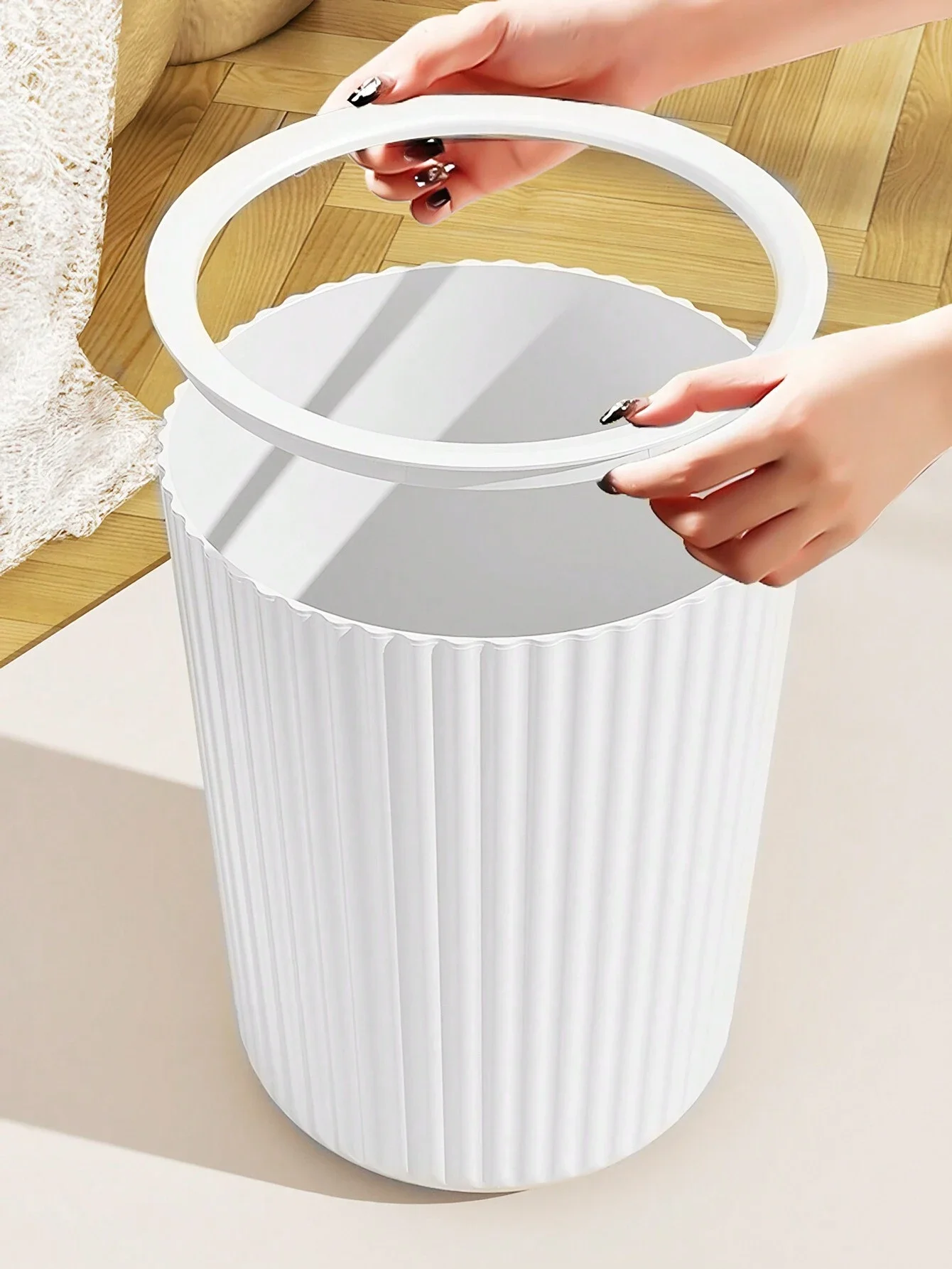 1pc Simple Striped Press Ring Garbage Can, White Bedroom Living Room Bathroom Trash Can, Plastic Waste  Bin For , Office & Hotel