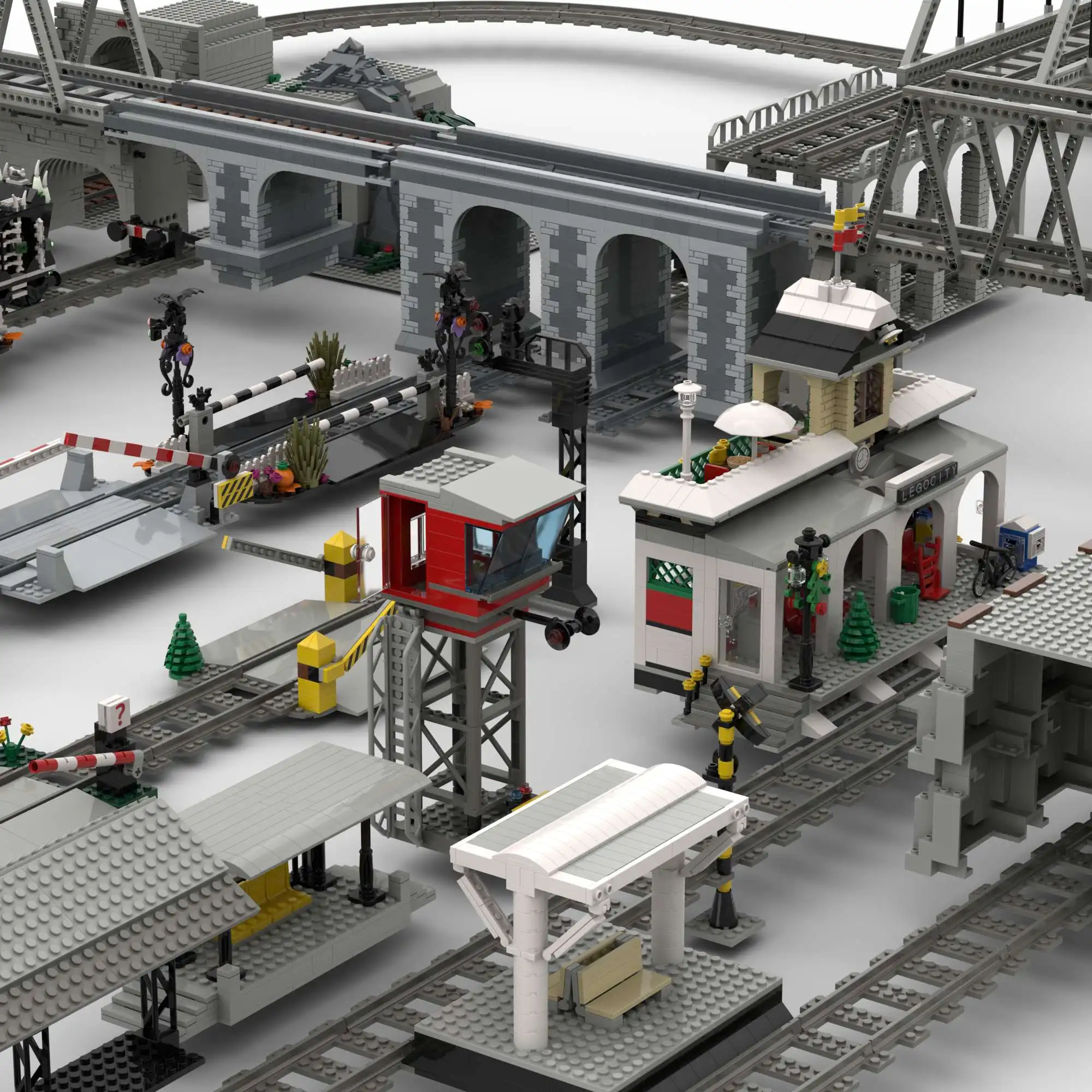 MOC-model voor treinwagens, aandrijfvoertuig voor spoortransportvoertuig, indicatielampje voor spoorliftpaal, treinaccessoires