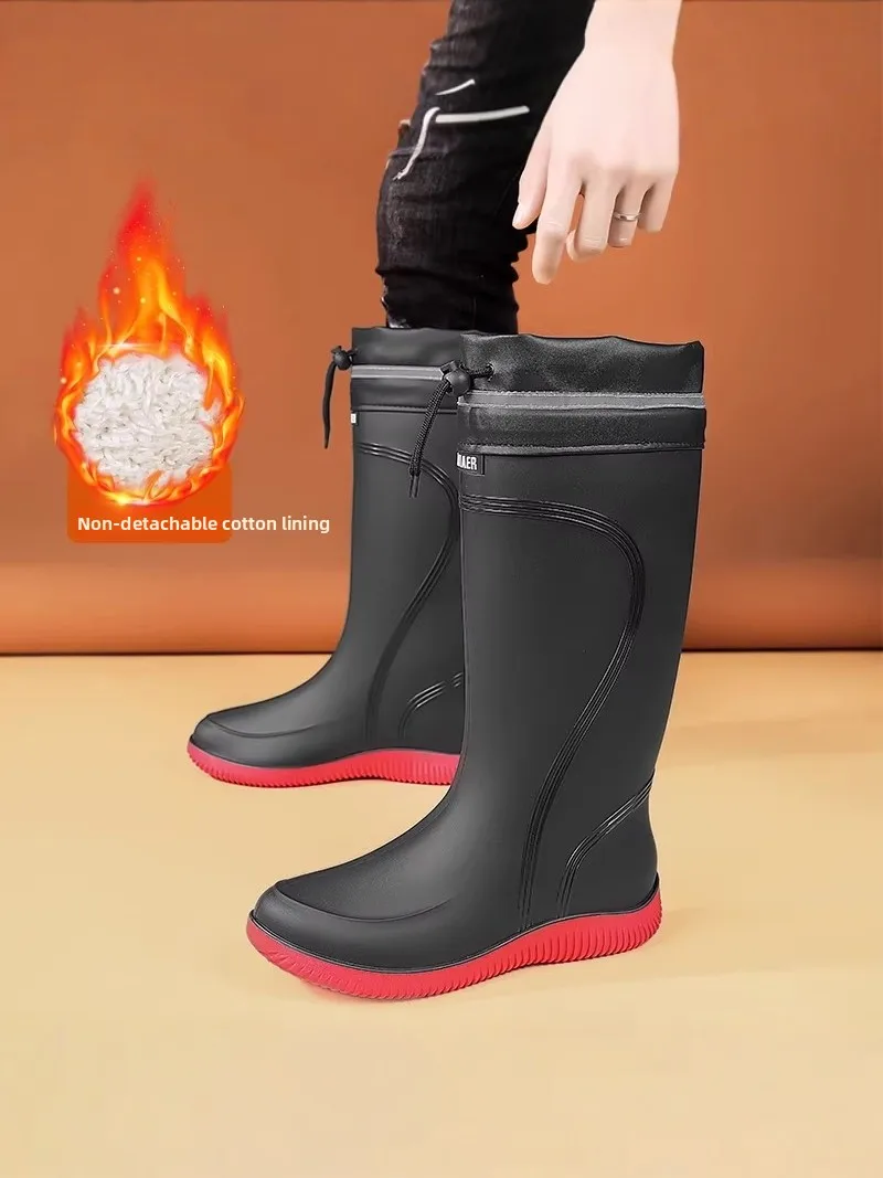 Men's Winter Thickened Fleece Lined High Top Work Boots Waterproof Non Slip Black High Tube Rain Boots Casual Style Snow Boots