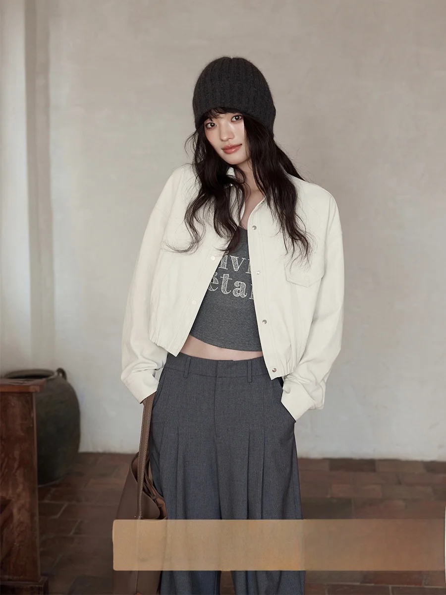 エレガントな韓国風レディースレザージャケット アプリコットカラー 春の新作 おしゃれな高級感 通勤スタイル ゆったりフィット