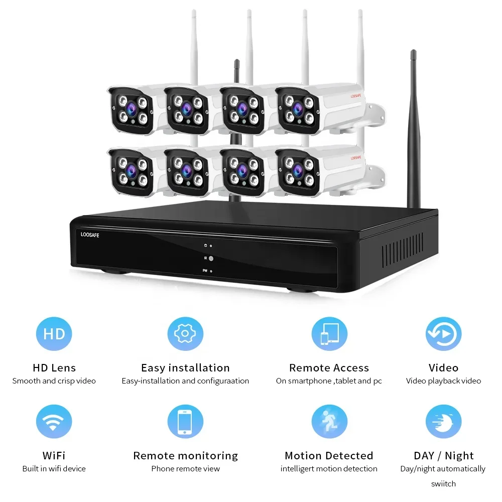 نظام كاميرا أمان لاسلكي 8 قنوات 1080 بكسل مع 8 قطع كاميرات عالية الدقة 2 ميجابكسل، مراقبة CCTV منزلية للأماكن الخارجية والداخلية