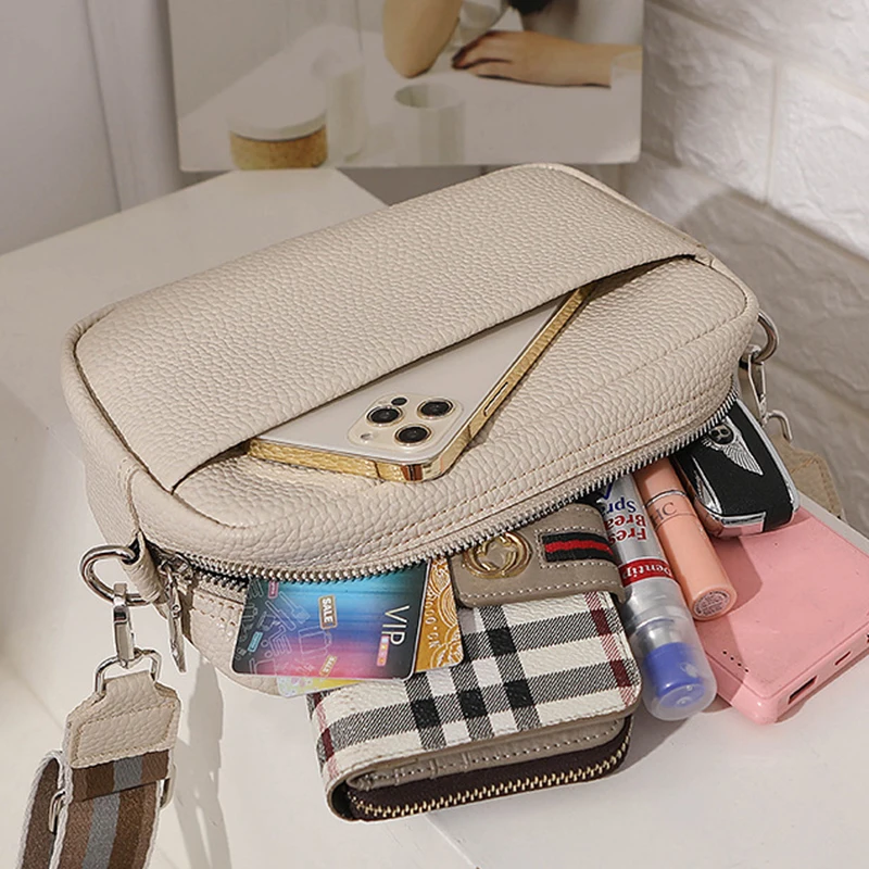 New Solid Color Multi-layer Women Sling Crossbody Bag Vinatge PU Leather Wide Strap Shoulder Bag