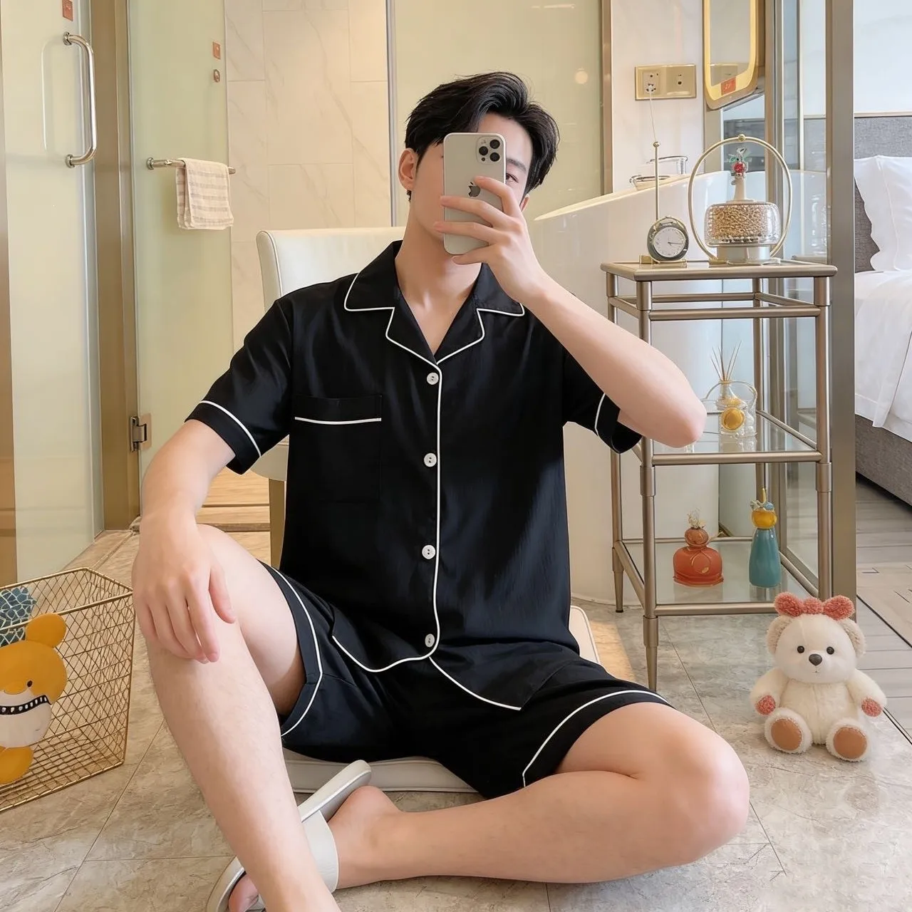 Men Summer Loungewear Solid Color Cardigan Pajamas Boys Short Sleeve Shorts Homewear Set Man Soft Loose Cool Lounge Clothes Gent