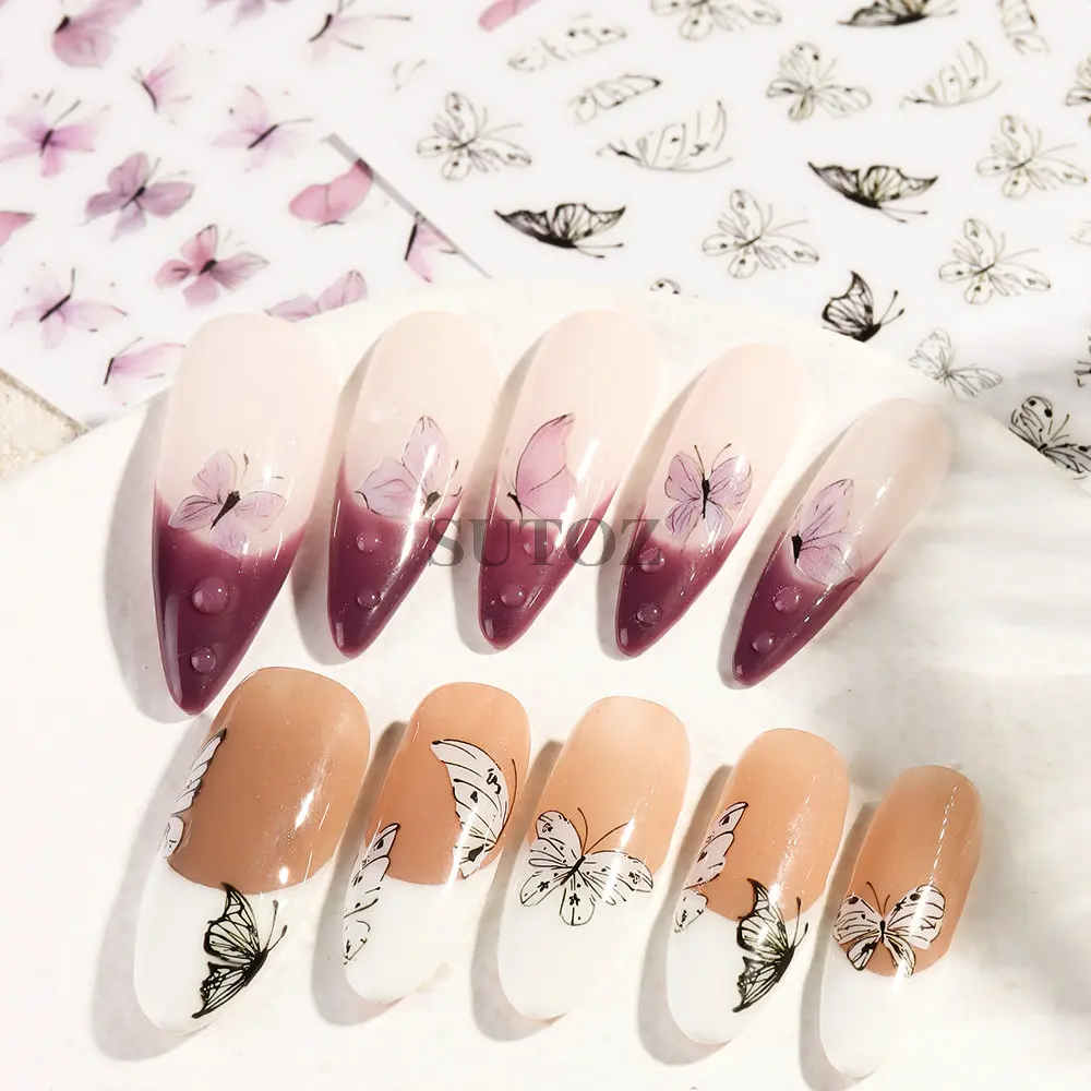 3D Butterfly Nail Stickers Purple White Fairy Decals Black Wings Self-Adhesive Sliders French Charms Manicure Decors LEBLS-YB061