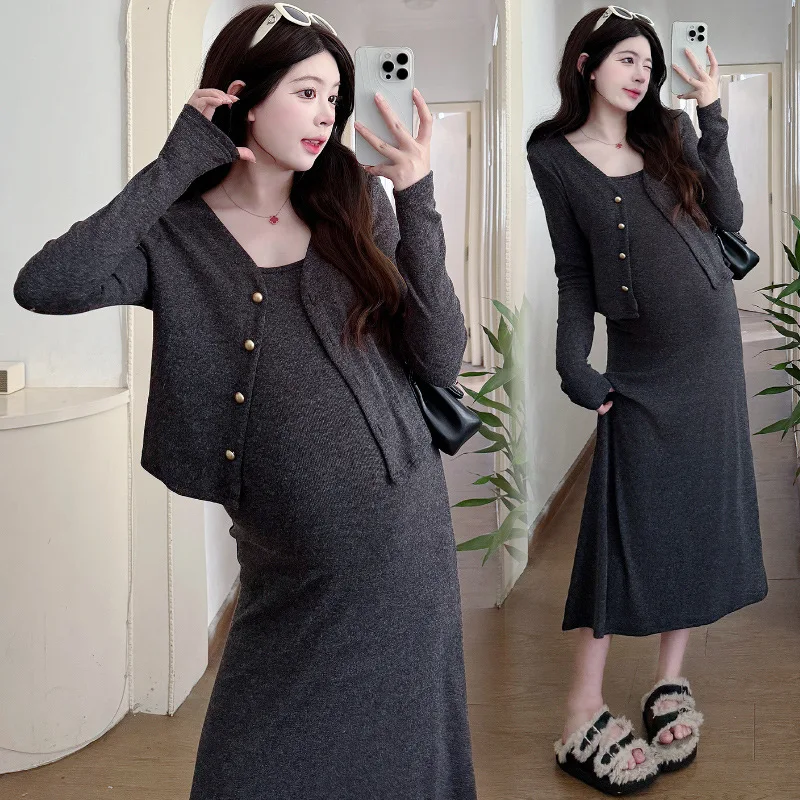 

2025 New Style Maternity Dresses for Spring and Autumn High-End Maternity Knitted Cardigan and Vest Dress Two Piece Set