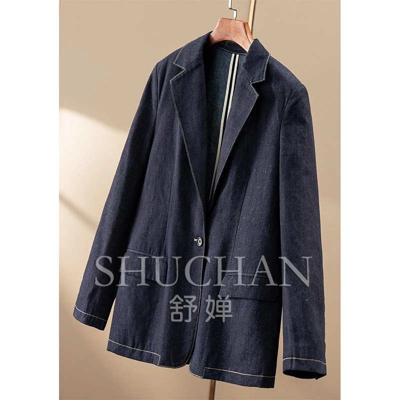 Early Autumn French Retro Blue Suit Collar Denim Jacket Women's 83C8 Abrigos Mujer Casaco Feminino