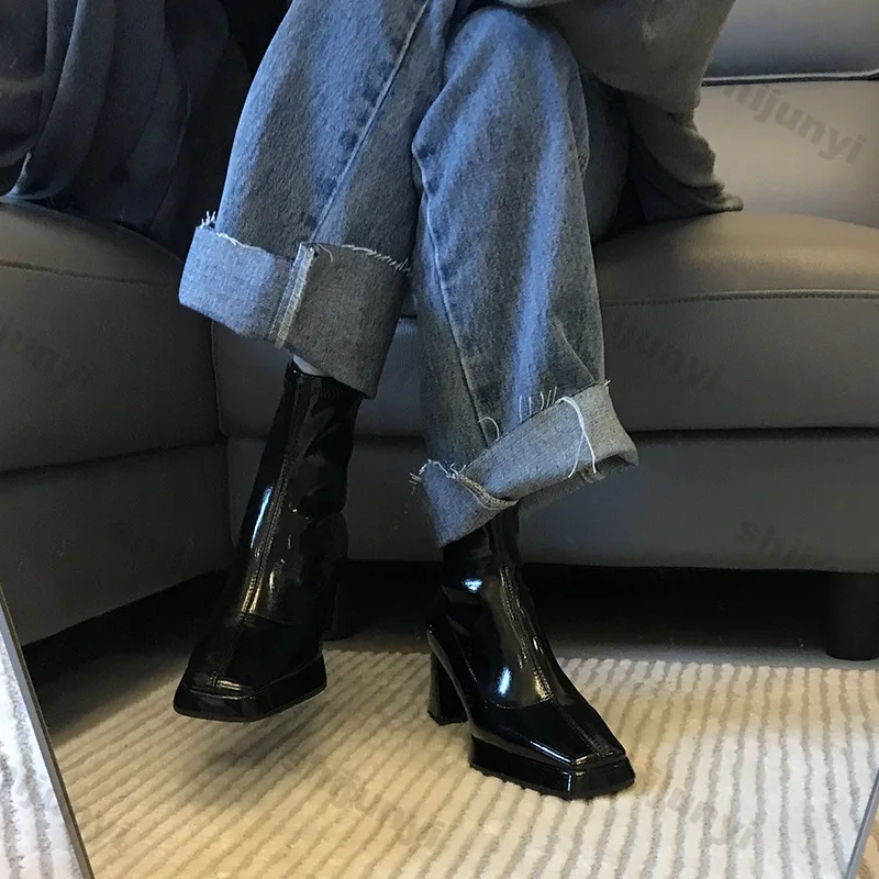 

Женские модные ботильоны на высоком каблуке, короткие ботинки из лакированной кожи с квадратным носком и молнией, женские однотонные ботинки на массивном среднем каблуке Botas Mujer