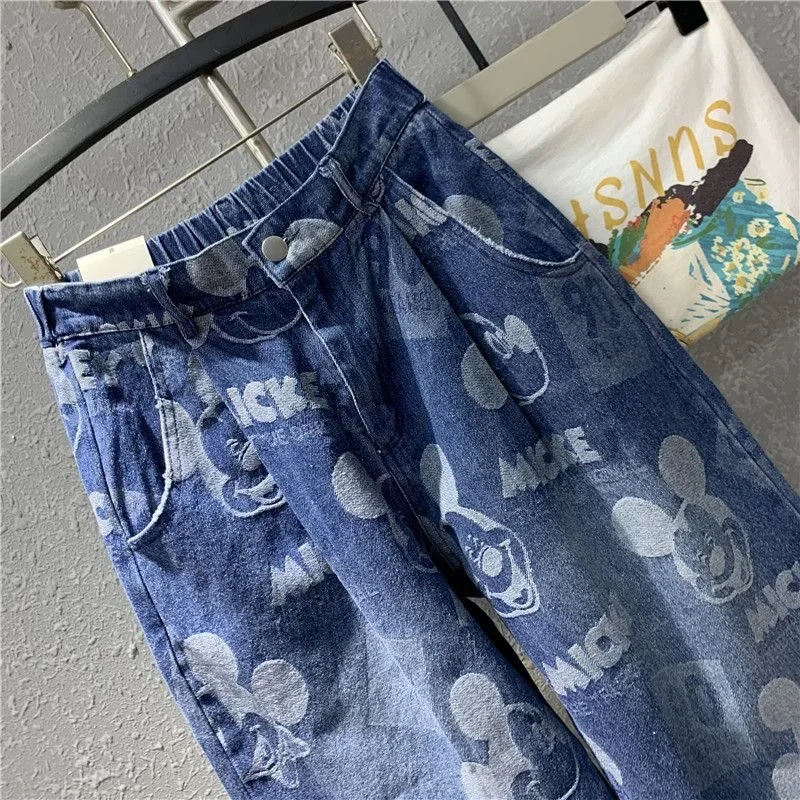 Celana Jeans Robek Mickey Kartun Disney Celana Harem Pelangsing Longgar Baru Musim Semi Musim Panas Wanita Pakaian Jalanan Wanita Pakaian Fashion Korea
