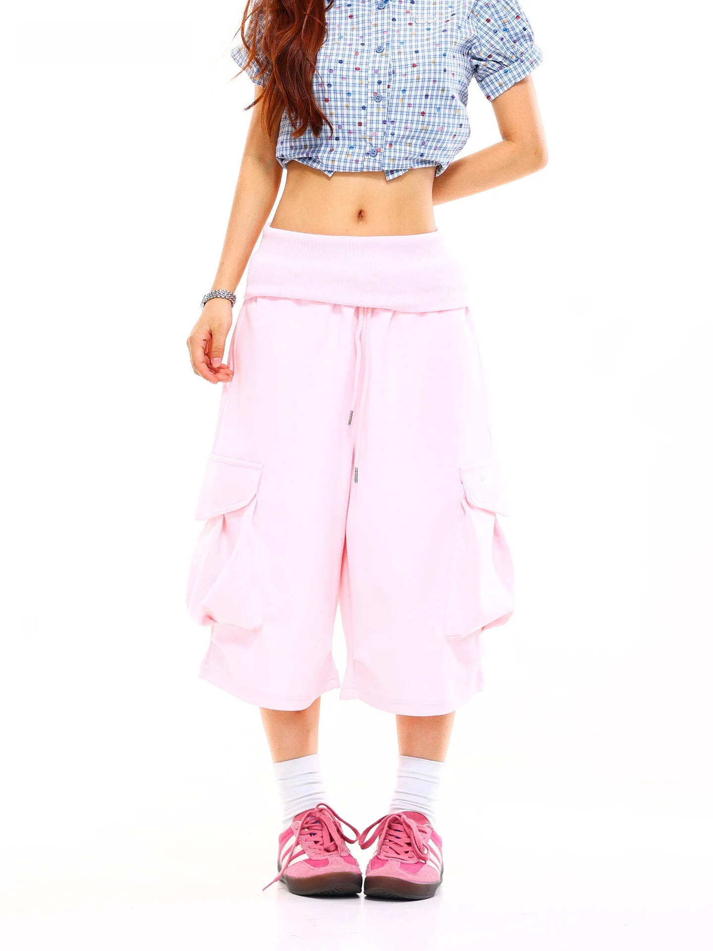

American Style High Waist Drawstring Casual Pants Women's Loose Wide Leg Pants with Big Pockets Light Blue Seven-Foot Pants