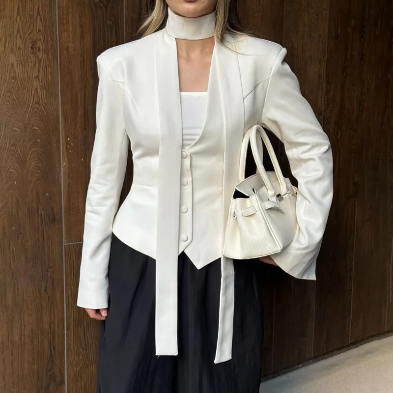 Talenza Female Fashion Blazer New Solid V-Neck Scarf Ribbon Long Sleeve Slim Blazer Elegant Luxury Chic Party Women Blazer Coats