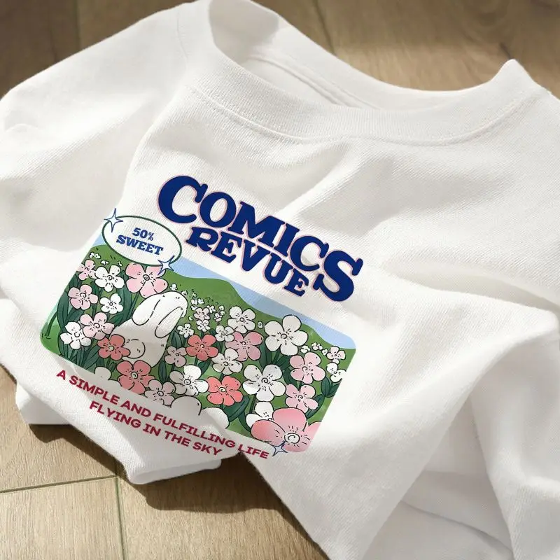 

2024 New Pure Cotton White Printed Short sleeved T-shirt Women's Summer Loose Large Size Versatile Lazy Simple Style Top