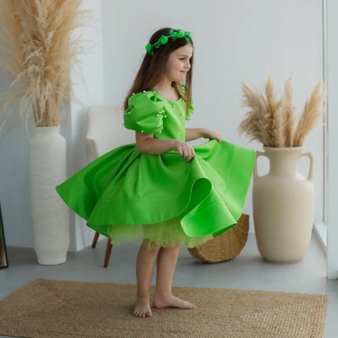 Green Lovely Flower Girl's Dresses with Beads Puff Sleeves Pageant Gown Princess Satin Birthday Party Dress