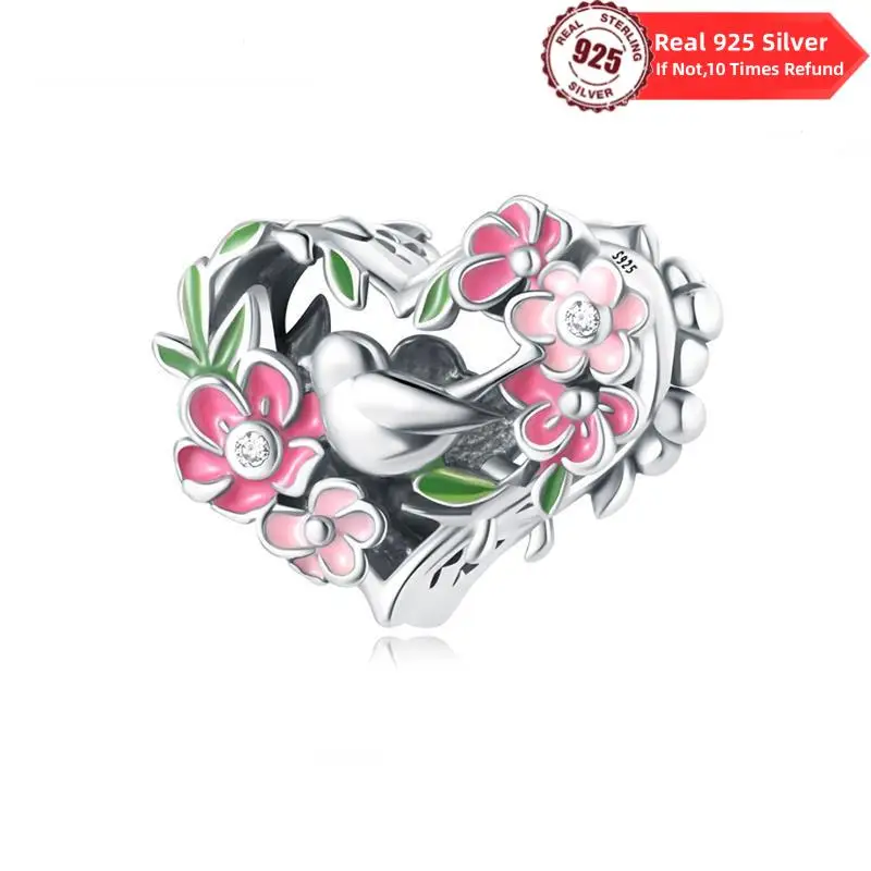 Real 925 Sterling Silver Heart Beads Flowers And Birds Charms Bead Pendant Fit Original Diy Bracelet Necklace Silver Jewelry