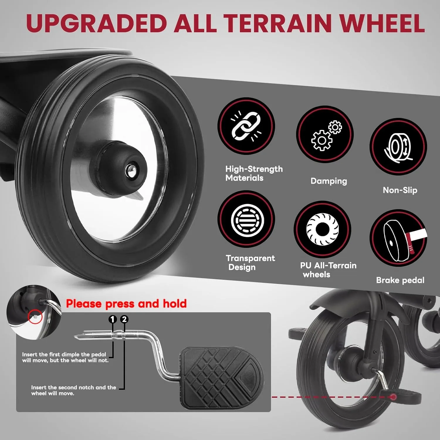 Baby Tricycle,7 in 1 Foldable Trike for Kids age 6M+ to 5 Years,Headlights.1-Step Brake Folding Pedal, Extended Canopy