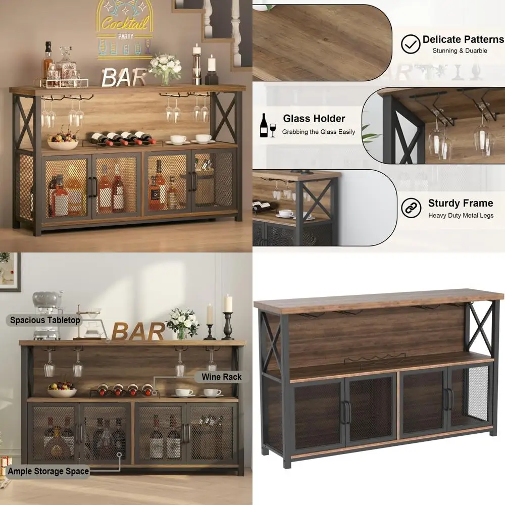 

Industrial Farmhouse Style Metal and Wood Liquor Cabinet with Glass Rack for Bar and Buffet Area