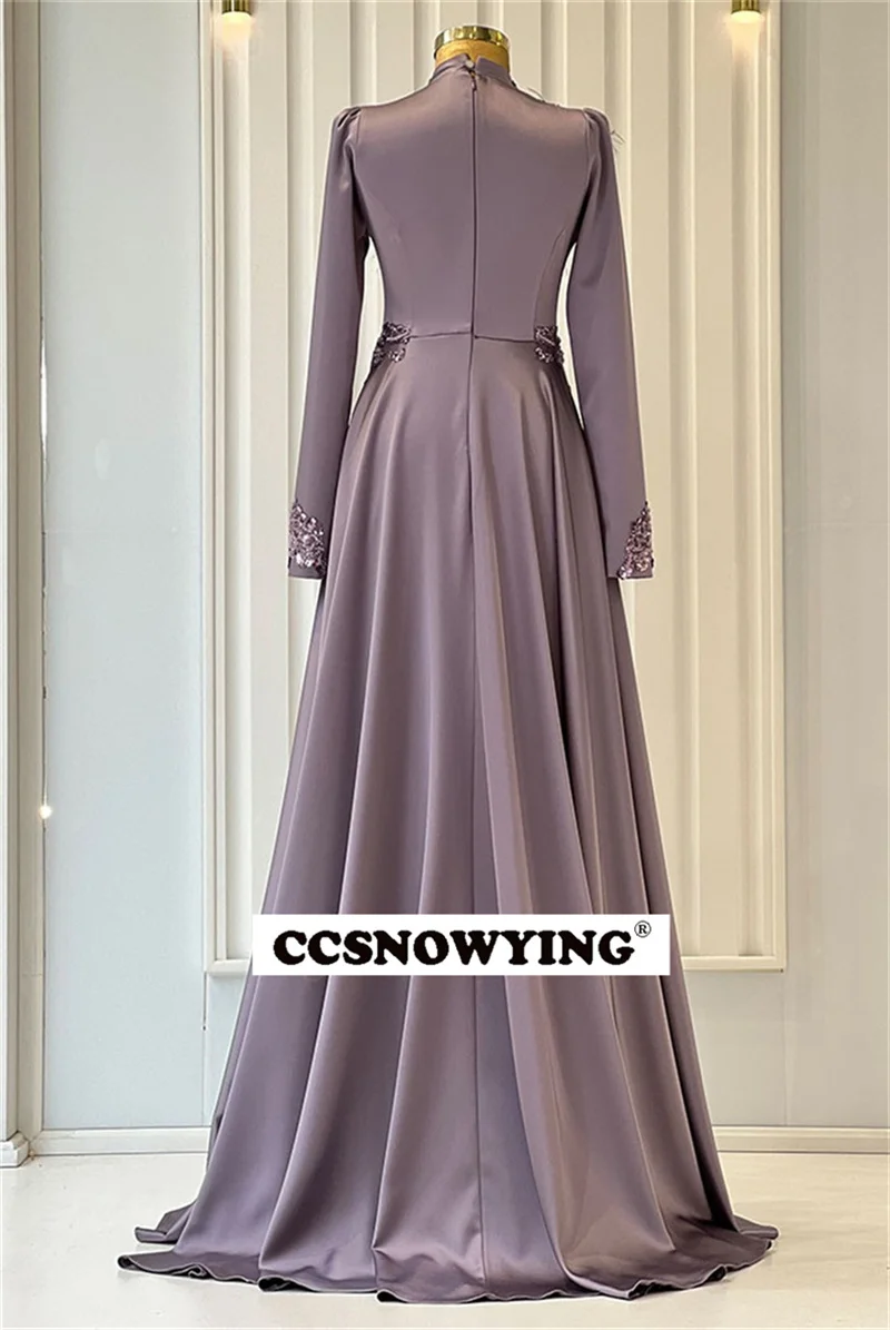 Appliques Feather Long Sleeve Muslim Evening Dresses Satin Hijab Islamic Formal Party Gown Arabic Dubai Women Robes De Soirée