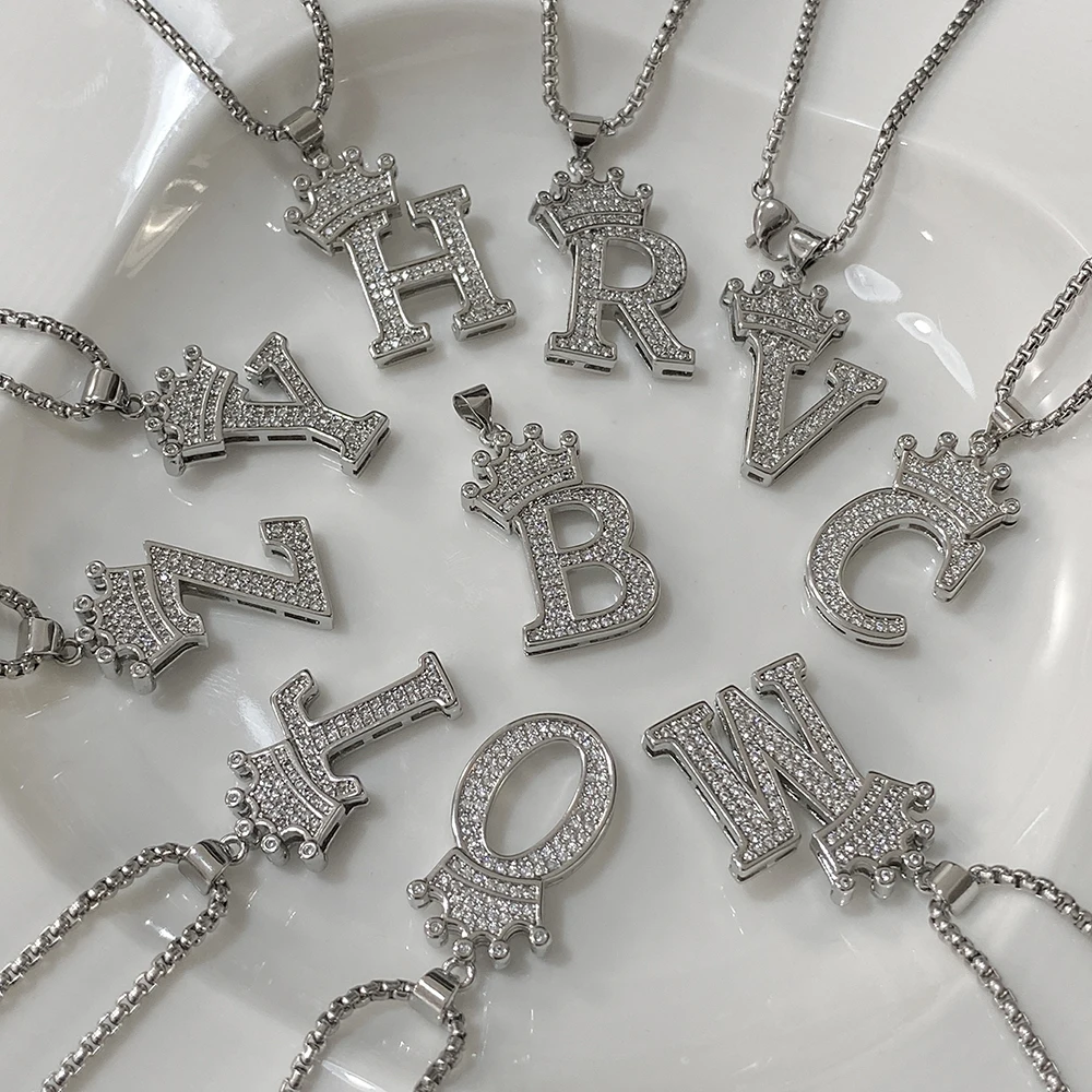 Freetry 26 Letters A-Z Zircon Crown Pendant Necklace for Women Men Punk Initial Alphabet Necklaces Hip Hop Choker Chain Jewelry