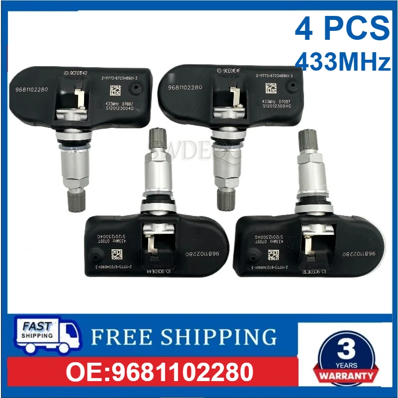 4PCS 9681102280 9673198580 TPMS Tire Pressure Monitoring Sensor 433MHz For Citroen C4 C5 C6 Peugeot 1007 207 307 407 607 807