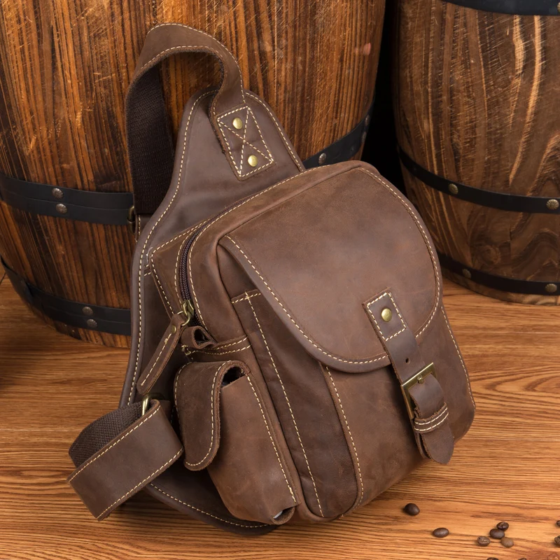 Handmade leather chest bag men\'s first leather motorcycle bag retro crazy horse leather shoulder bag men\'s bag