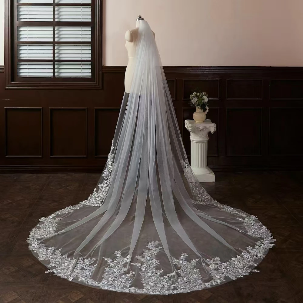 scintillante bianco avorio lungo veli da sposa velo da sposa applicazioni di pizzo morbido velo da cattedrale netto velos de novia voile de mariée