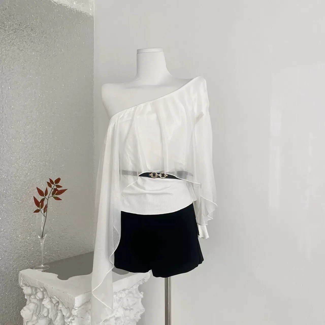 

Ifaion New Design oulder Bared Chiffon Top Women's Long Sve Autumn Top 3D Tailoring Versatile Sle Slim Fit