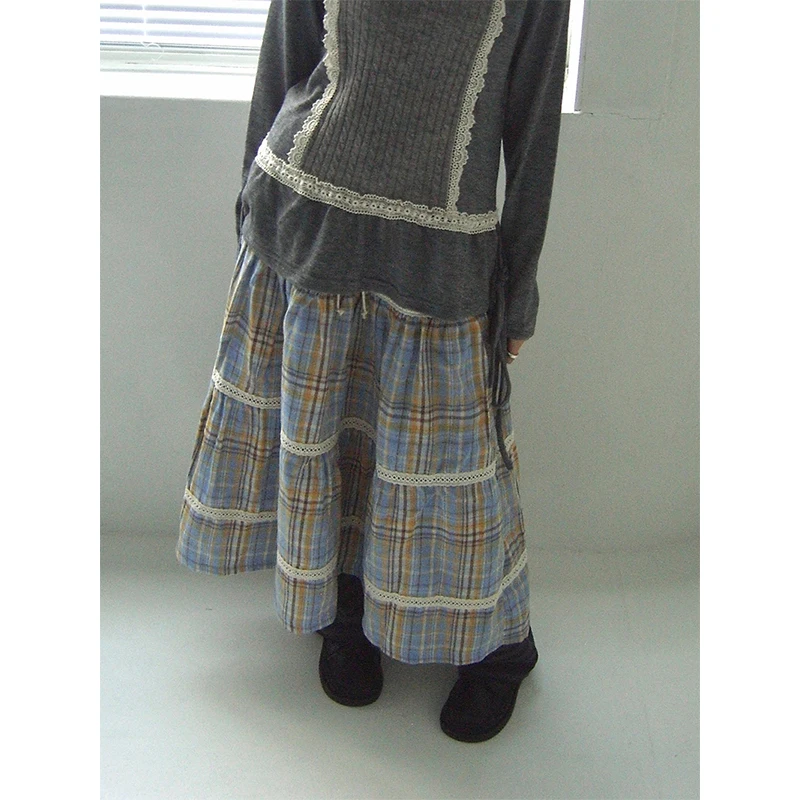 MEXZT Harajuku Plaid Midi Skirt Women Japanese Vintage Lace Patchwork Skirts Summer Streetwear Grunge Casual A Line Faldas New