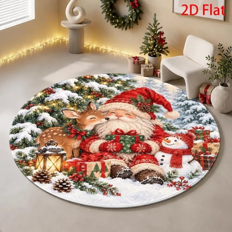 Christmas Poinsettia Round Rug Red Floral Holiday Circular Carpet Living Room Winter Home Decor Soft Bedroom Non-slip Area Rugs