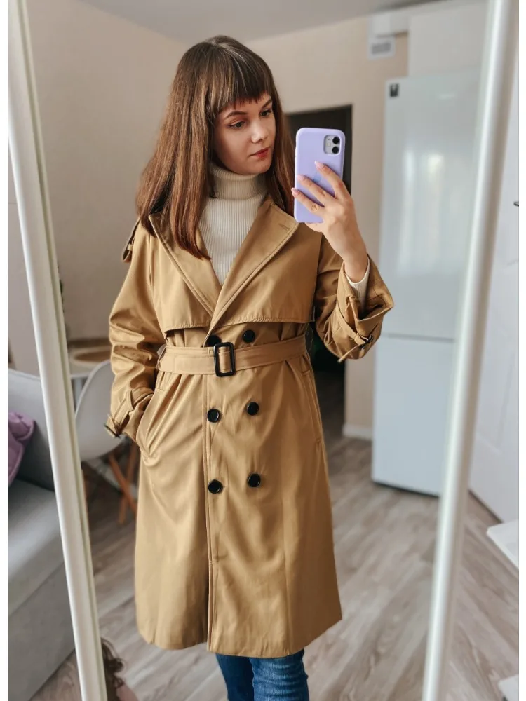 FTLZZ Spring Autumn Casual Women Double Breasted Solid Trench Coat Office Lady Lapel Long Coat with Belt